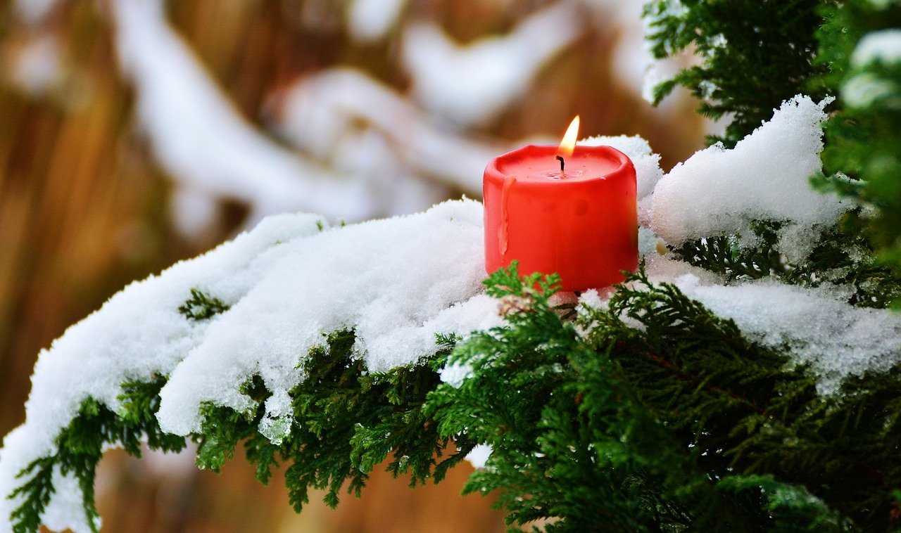 Das Bild zeigt einen verschneiten Tannenbaum mit einer Kerze.